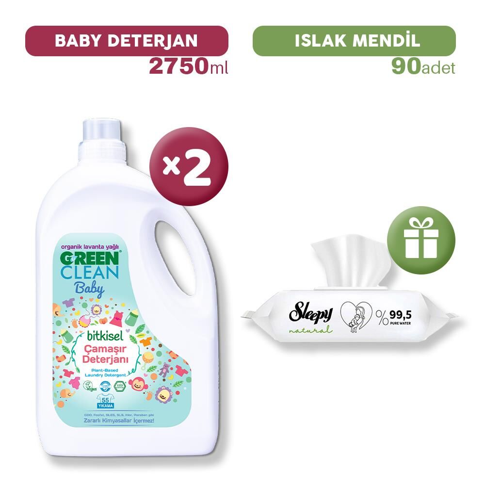 Green Clean Baby Bitkisel Çamaşır Deterjanı x 2, Islak Mendil Hediye