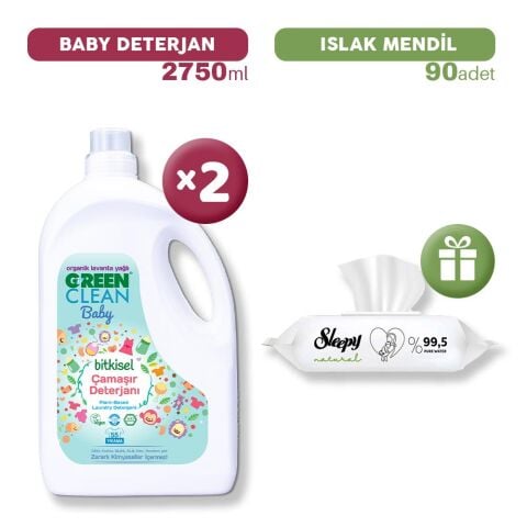 Green Clean Baby Bitkisel Çamaşır Deterjanı x 2, Islak Mendil Hediye