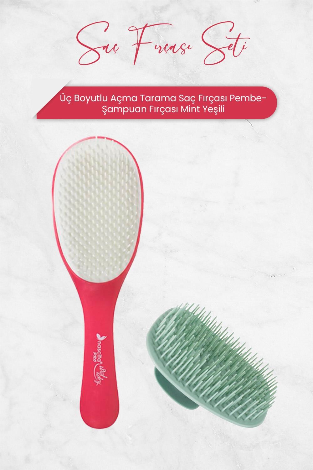 Nascita Üç Boyutlu Açma Tarama Saç Fırçası Pembe ve Şampuan Fırçası Mint Yeşili