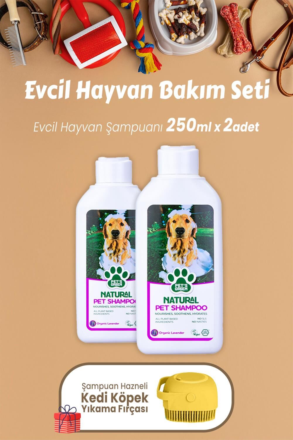 Pet's Green Lavanta Şampuan 250 ml x 2 Adet ve Şampuan Hazneli Yıkama Fırçası Sarı