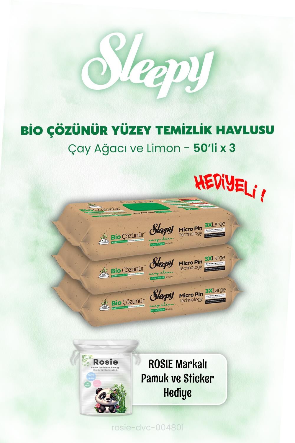 Sleepy Bio Çözünür Çay Ağacı ve Limon Islak Mendil 50'li x 3 ve ROSIE