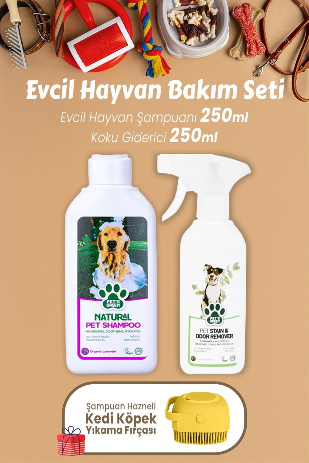 Pet's Green Koku Giderici Okaliptus 250 ml, Lavanta Şampuan 250 ml ve Şampuan Hazneli Yıkama Fırçası Sarı