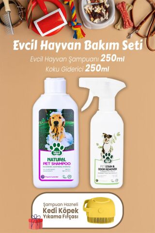 Pet's Green Koku Giderici Okaliptus 250 ml, Lavanta Şampuan 250 ml ve Şampuan Hazneli Yıkama Fırçası Sarı