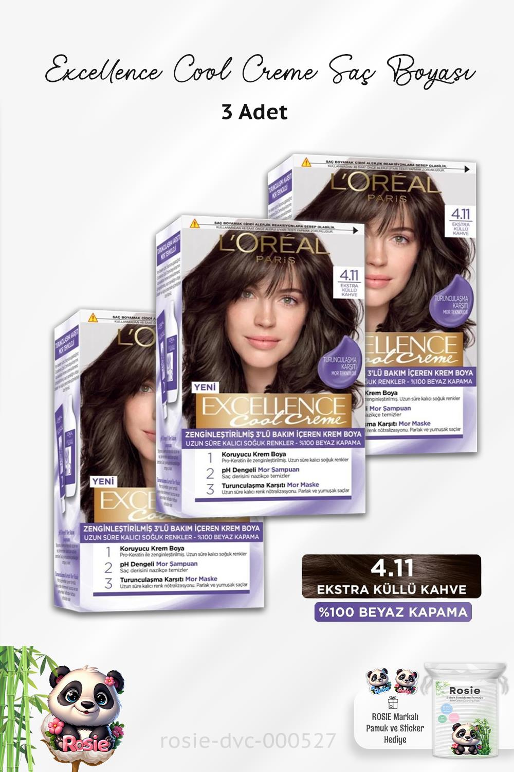 3 Adet Loreal Paris Excellence Cool Creme Saç Boyası 4.11 Ekstra Küllü Kahve ve ROSIE