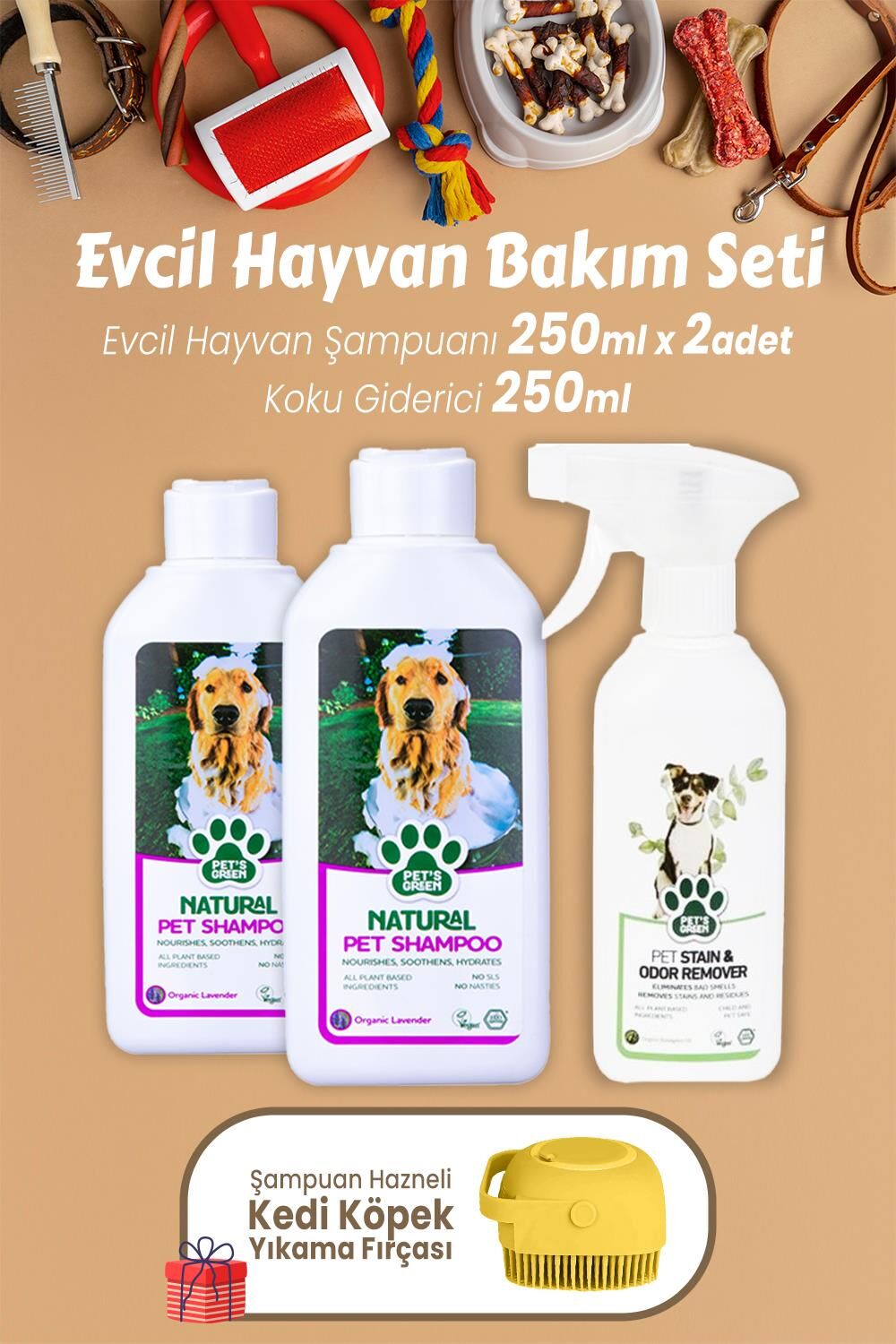 Pet's Green Şampuan Lavanta 250 ml x 2 Adet, Koku Giderici Okaliptus 250 ml ve Şampuan Hazneli Fırça Sarı
