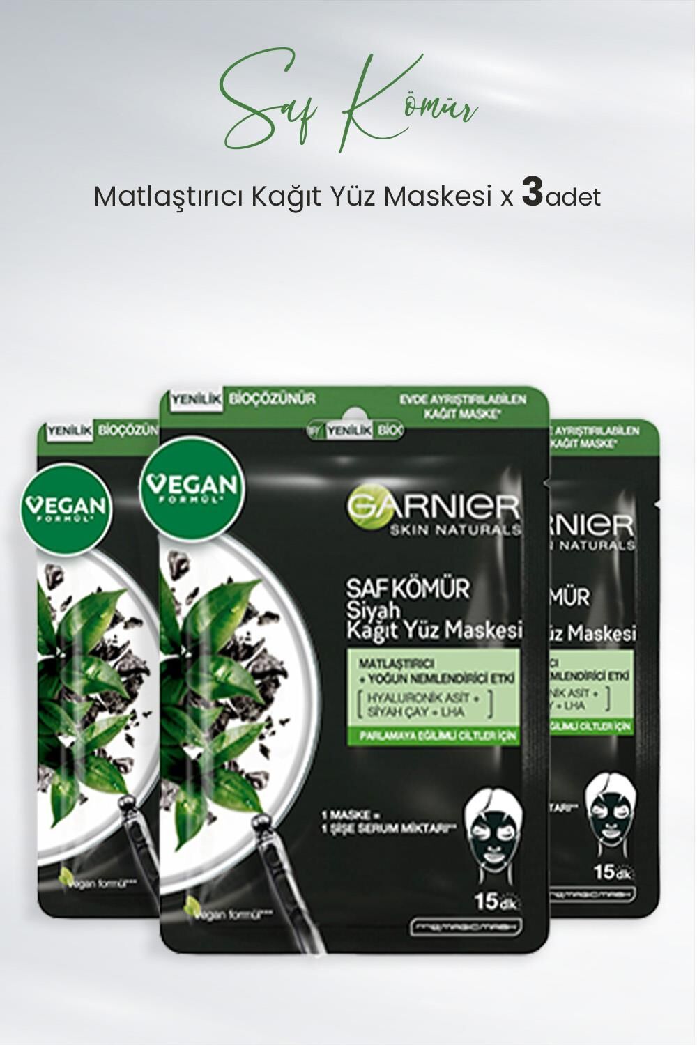 Garnier Kağıt Yüz Maskesi Siyah Saf Kömür Matlaştırıcı 28 gr x 3 Adet