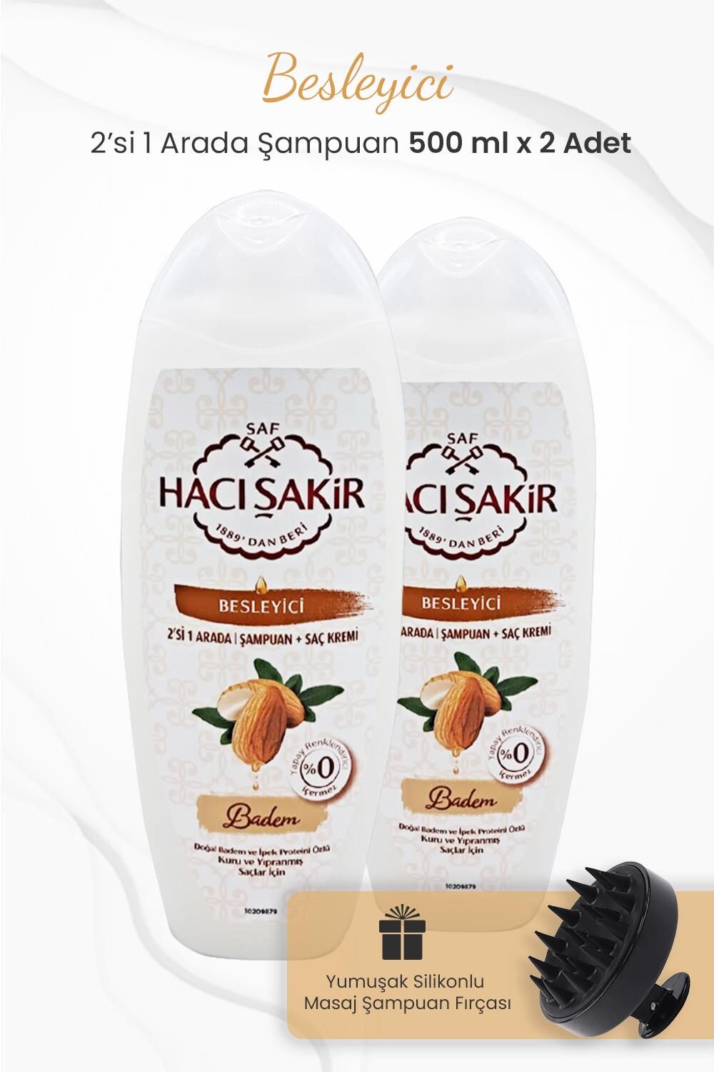 Hacı Şakir Badem 2si 1 Arada Şampuan 500 ml x 2 Adet ve Şampuan Fırçası Siyah