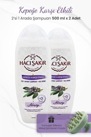 Hacı Şakir Adaçayı 2si 1 Arada Şampuan 500 ml x 2 Adet ve Şampuan Fırçası Yeşil