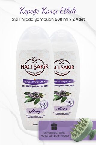 Hacı Şakir Adaçayı 2si 1 Arada Şampuan 500 ml x 2 Adet ve Şampuan Fırçası Yeşil