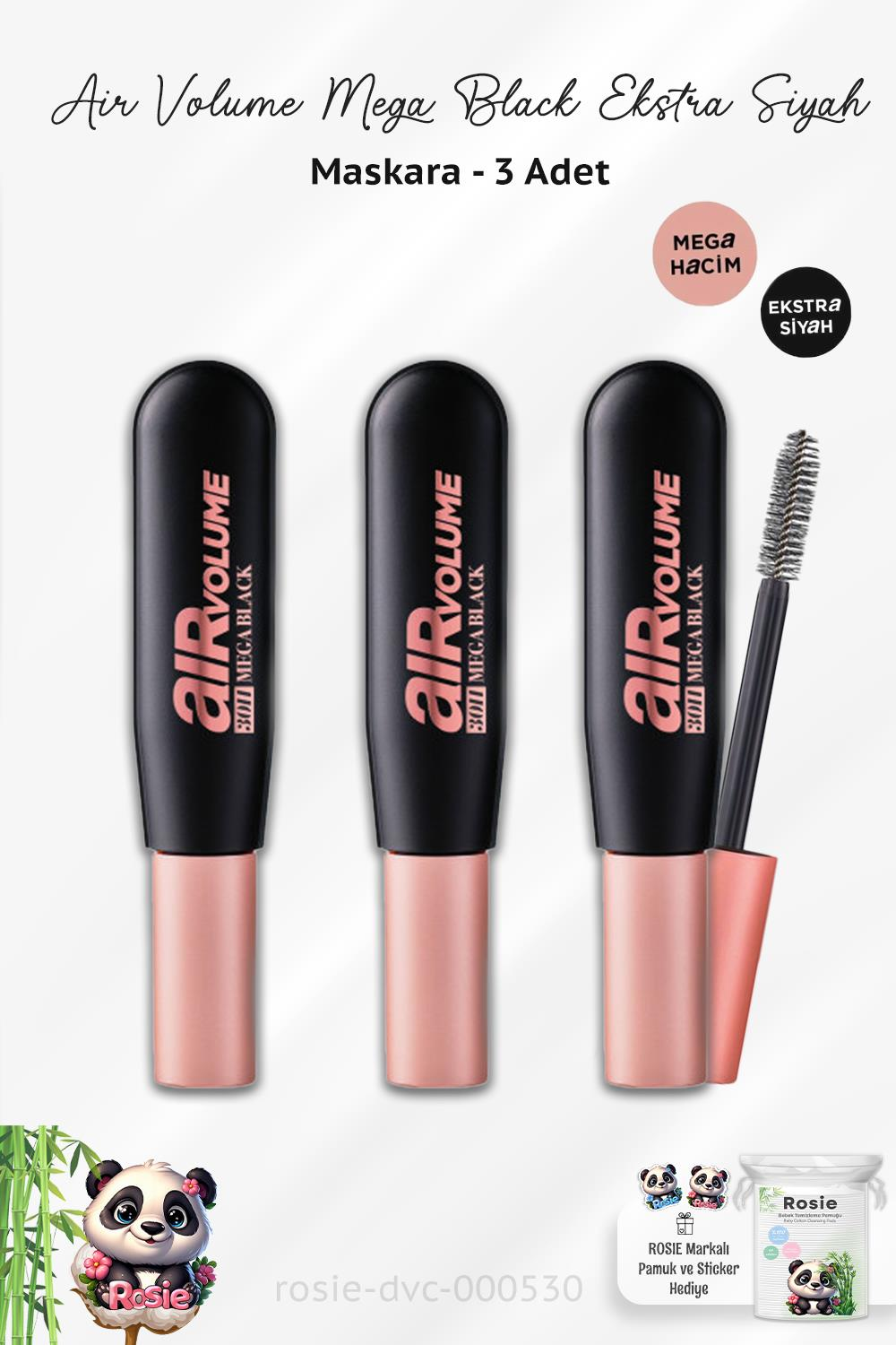 3 Adet Loreal Paris Air Volume 30H Mega Black Maskara Ekstra Siyah ve ROSIE