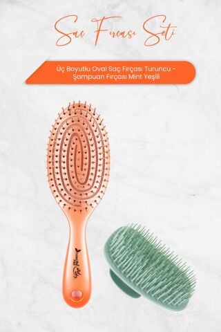 Nascita Üç Boyutlu Oval Saç Fırçası Turuncu ve Şampuan Fırçası Mint Yeşili