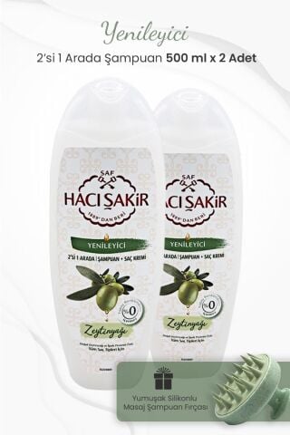 Hacı Şakir Zeytinyağlı 2si 1 Arada Şampuan 500 ml x 2 Adet ve Şampuan Fırçası Yeşil