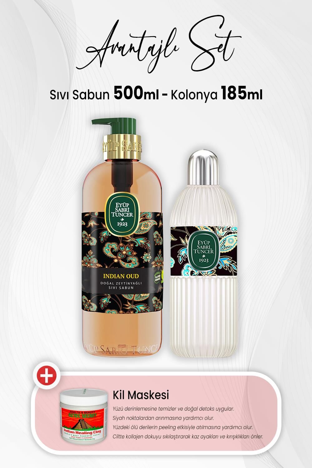 Eyüp Sabri Tuncer Indian Oud Sıvı Sabun 500 ml, Kolonya 185 ml Cam Şişe ve Kil Maskesi