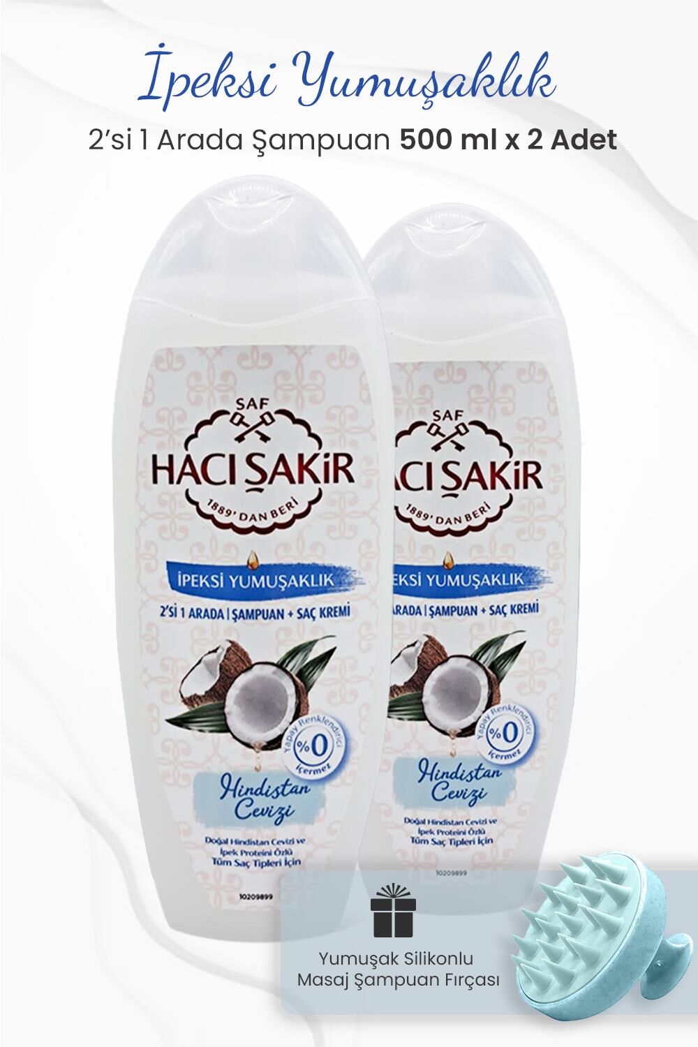 Hacı Şakir Hindistan Cevizi 2si 1 Arada Şampuan 500 ml x 2 Adet ve Şampuan Fırçası Mavi