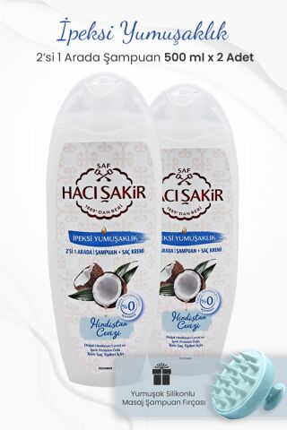 Hacı Şakir Hindistan Cevizi 2si 1 Arada Şampuan 500 ml x 2 Adet ve Şampuan Fırçası Mavi