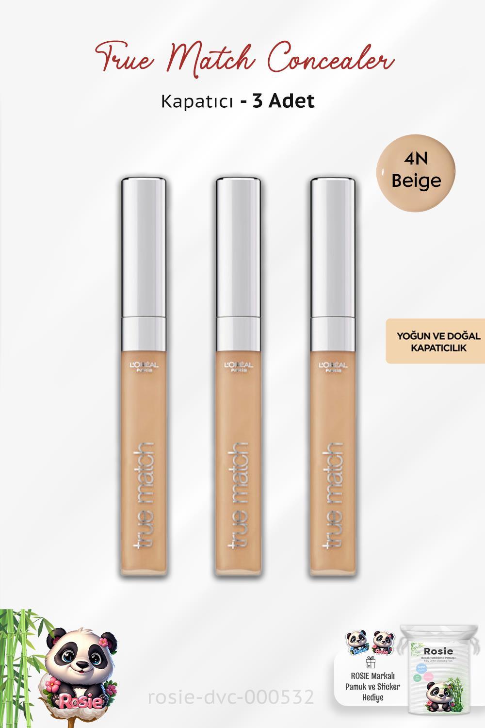 3 Adet Loreal Paris True Match Concealer 4N Beige ve ROSIE Pamuk