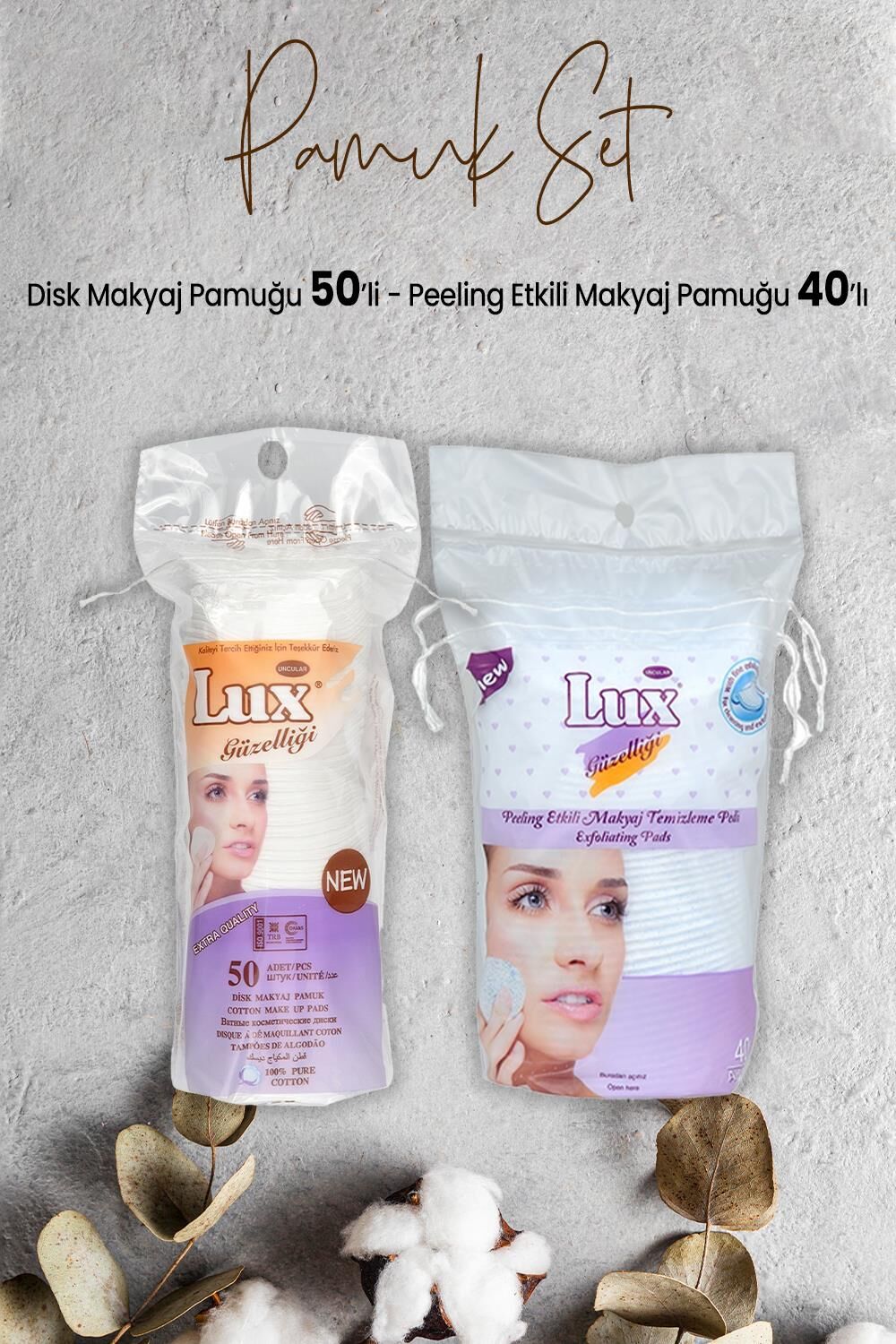 Lux Peeling Etkili Makyaj Pamuğu 40' lı ve Disk Makyaj Pamuğu 50'li