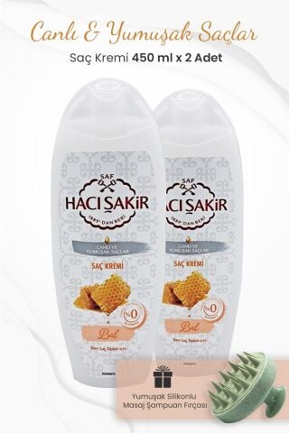 Hacı Şakir Bal Saç Kremi Canlı Ve Yumuşak Saçlar 450 ml x 2 Adet ve Şampuan Fırçası Yeşil