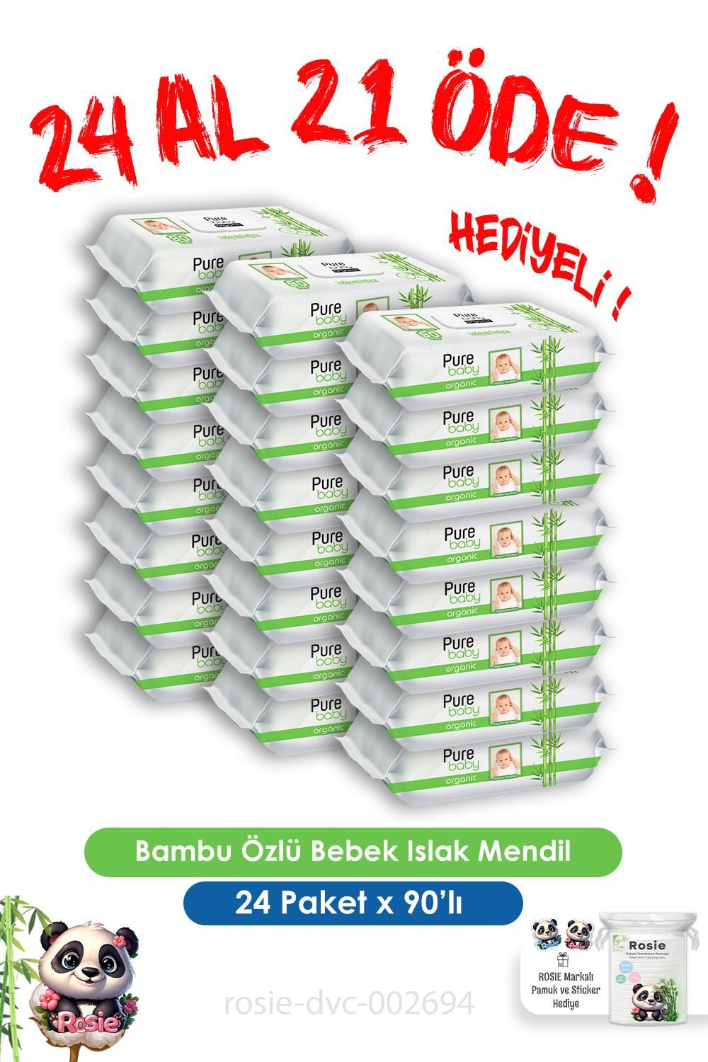 Pure Baby Organik Bambu Özlü Bebek Islak Havlu 90 Yaprak 24 Al 21 Öde