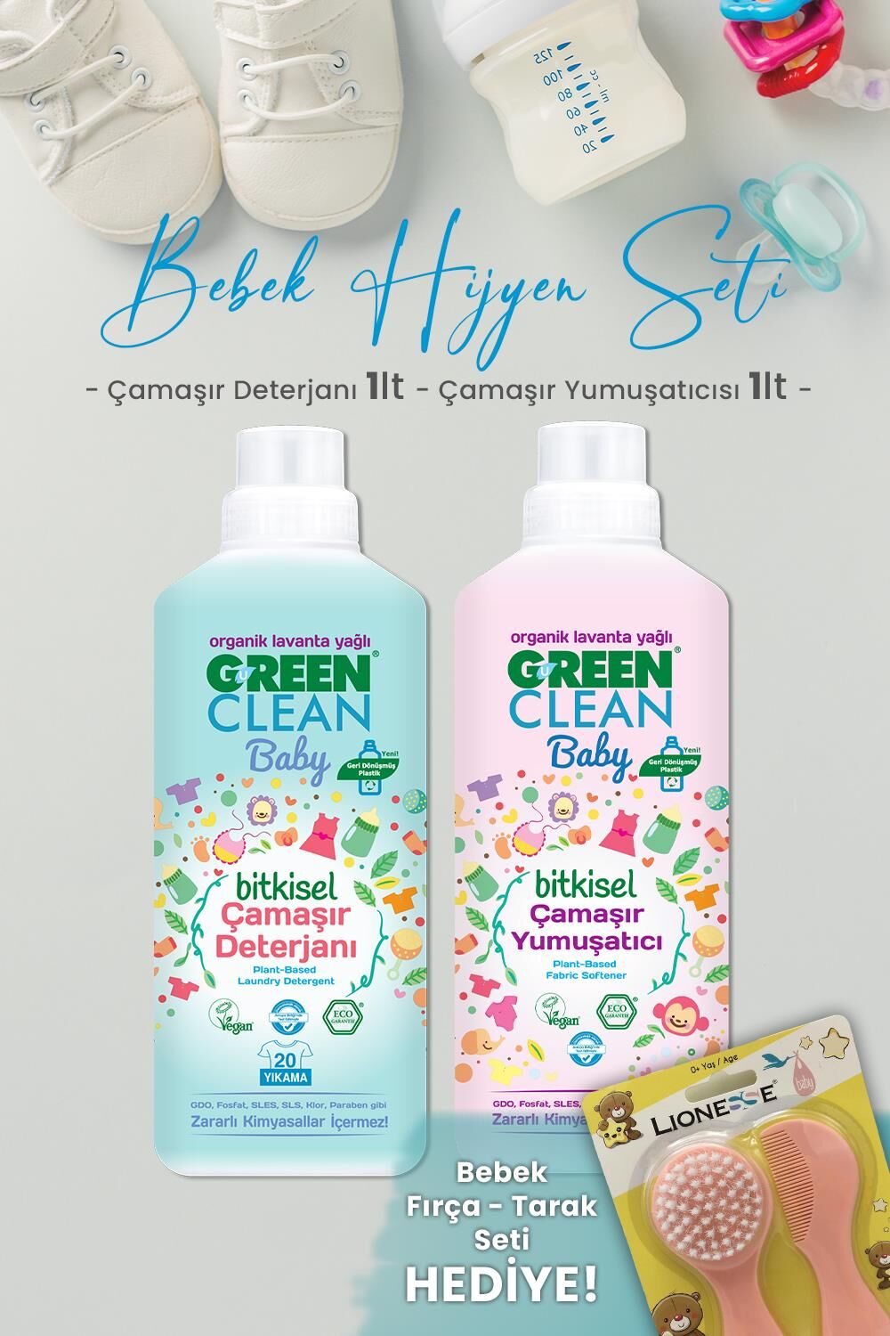 U Green Clean Baby Çamaşır Deterjanı 1 lt, Yumuşatıcı 1 lt ve Hediyeli
