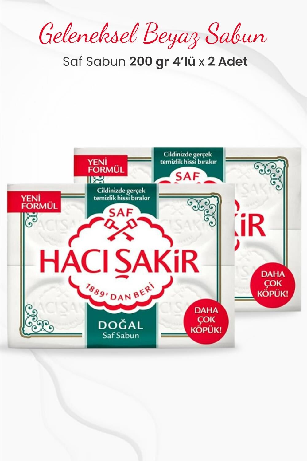 Hacı Şakir Doğal Saf Geleneksel Beyaz Sabun 4 x 200 gr x 2 Adet