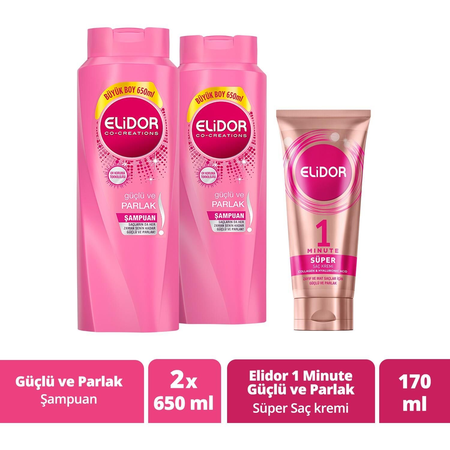 Elidor Güçlü ve Parlak Saç Bakım Şampuanı 650 ml x 2 adet ve Saç Kremi 170 ml