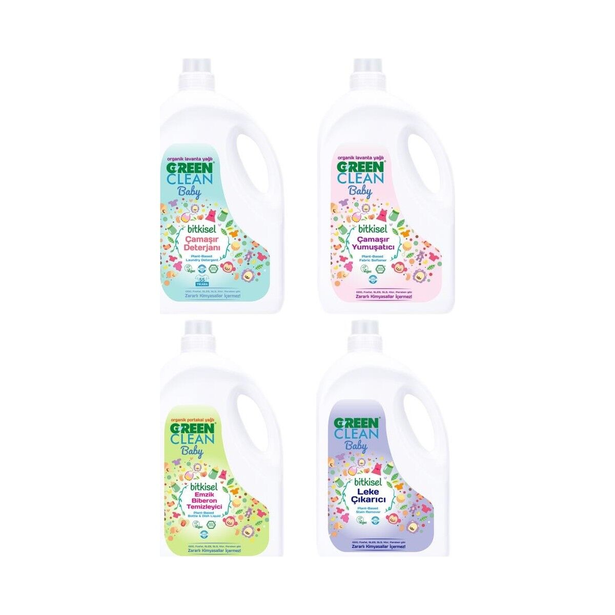 Green Clean Baby Çamaşır Deterjanı 2.75 lt + Yumuşatıcı 2.75 lt + Leke Çıkarıcı 2.75 lt + Biberon Temizleyici 2.75 lt