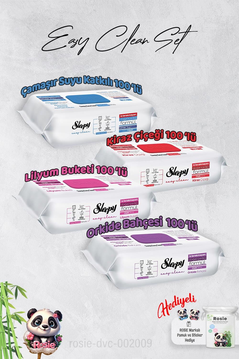 Sleepy  Çamaşır Suyu, Kiraz Çiçeği, Orkide ve Lilyum Yüzey Temizlik Havlusu ve Hediye Rosie