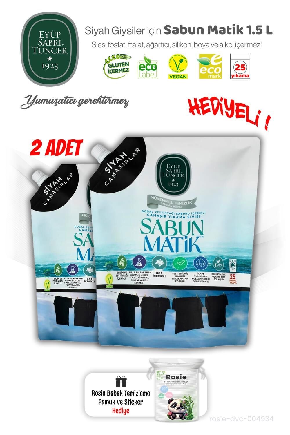 2 Adet Eyüp Sabri Tuncer Siyah Çamaşırlar Sıvı Sabun Matik 1.5 L ve ROSIE Hediye