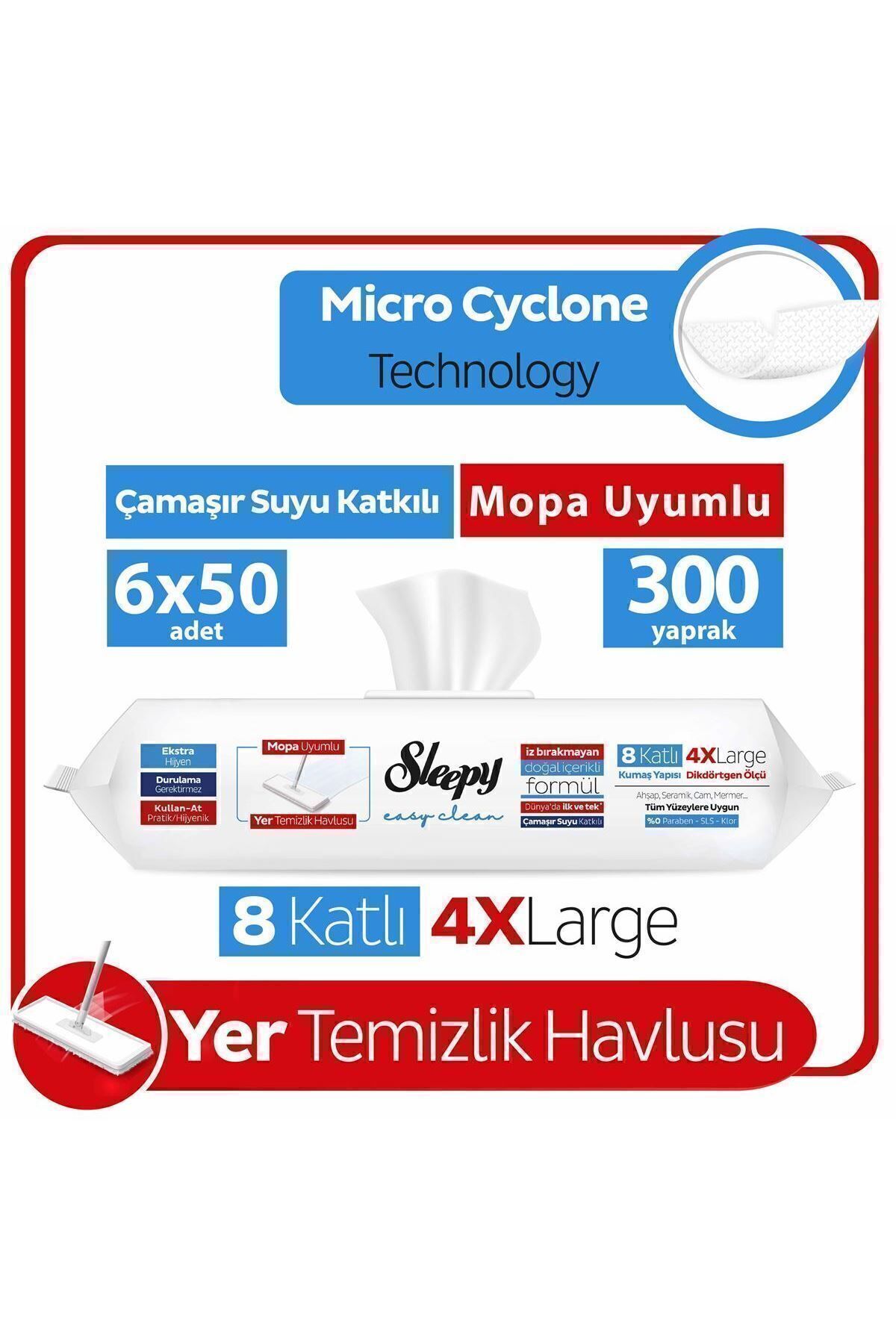 Sleepy Easy Clean Çamaşır Suyu Katkılı Mopa Uyumlu Yer Temizlik Havlusu 6x50 (300 YAPRAK)