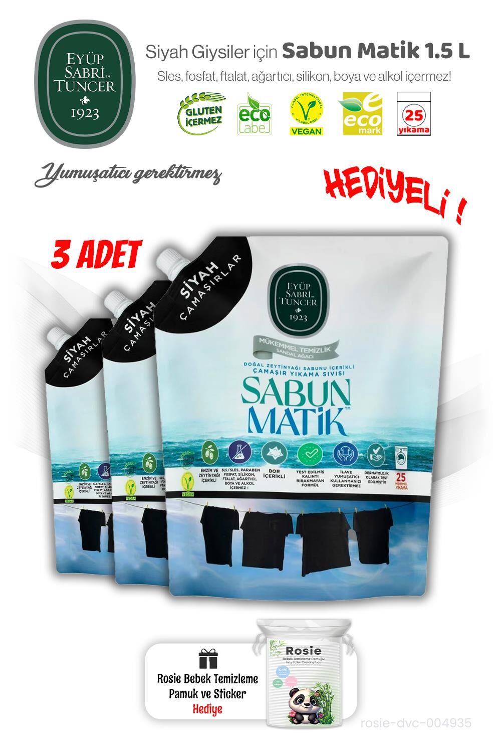 3'lü Siyah Çamaşırlar Sıvı Sabun Matik 1.5 L ve ROSIE Hediye