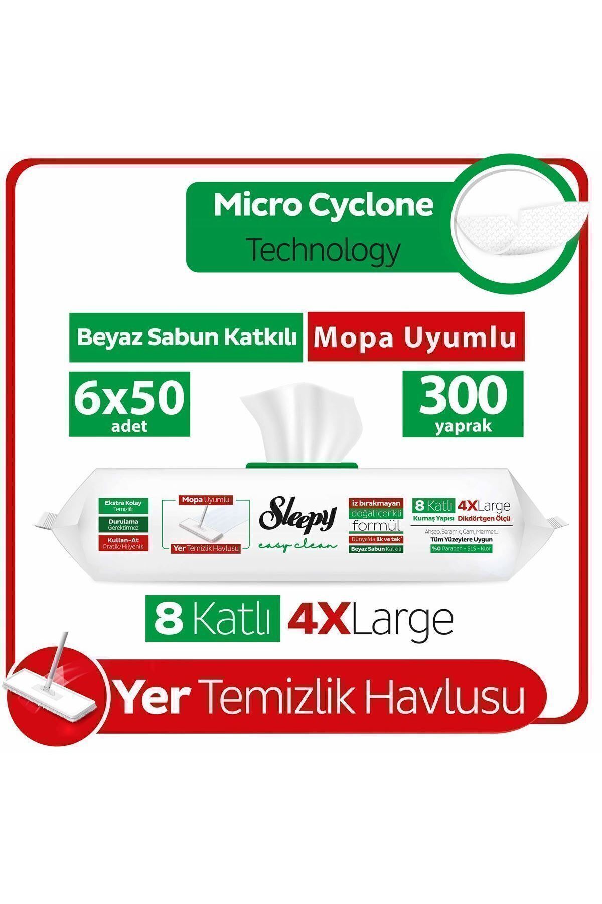 Sleepy Beyaz Sabun Katkılı Mopa Uyumlu Yer Temizlik Havlusu 50 Yaprak 6'lı