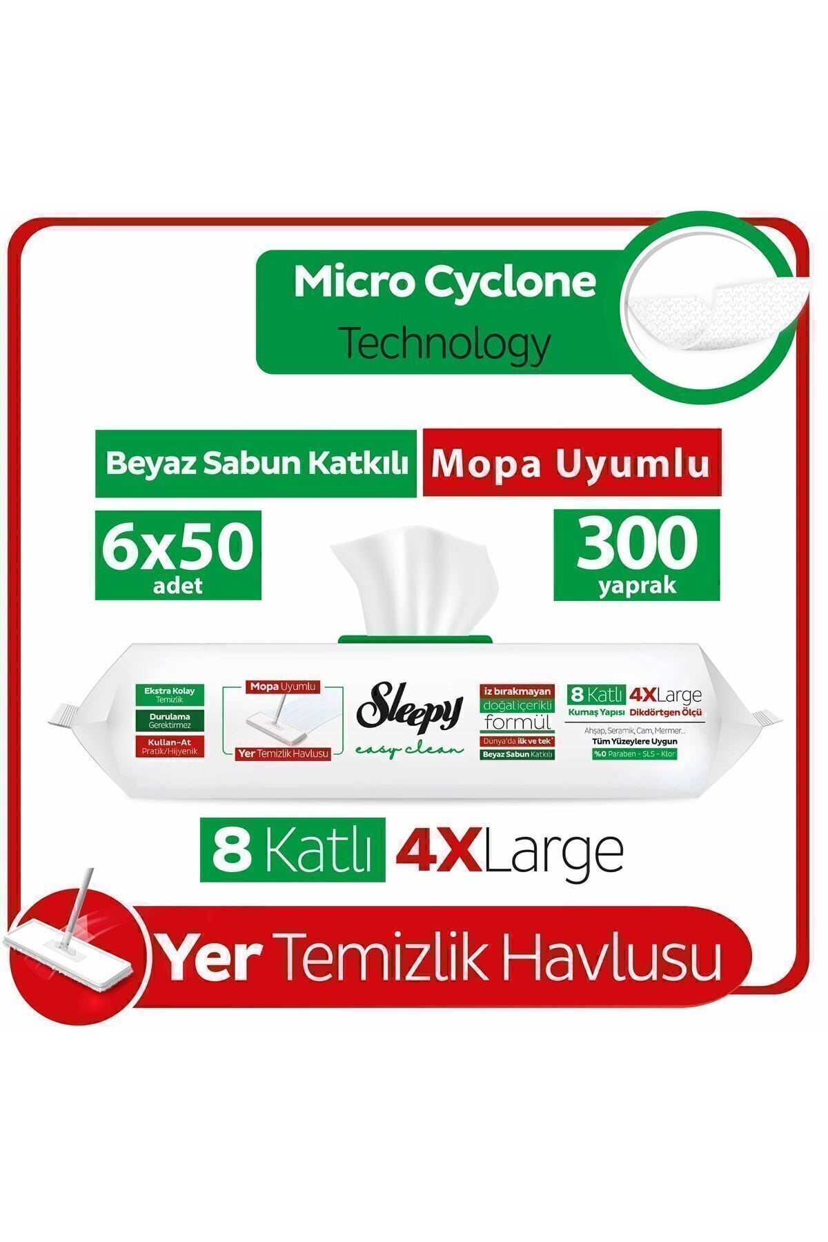 Sleepy Beyaz Sabun Katkılı Mopa Uyumlu Yer Temizlik Havlusu 50 Yaprak 6'lı