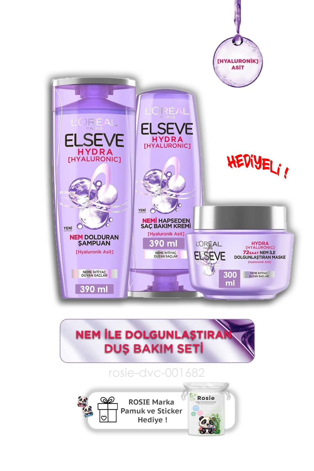 Elseve Hydra Hyaluronik Şampuan 390 Ml,Bakım Kremi 390 ml, Maske 300 ml ve ROSIE