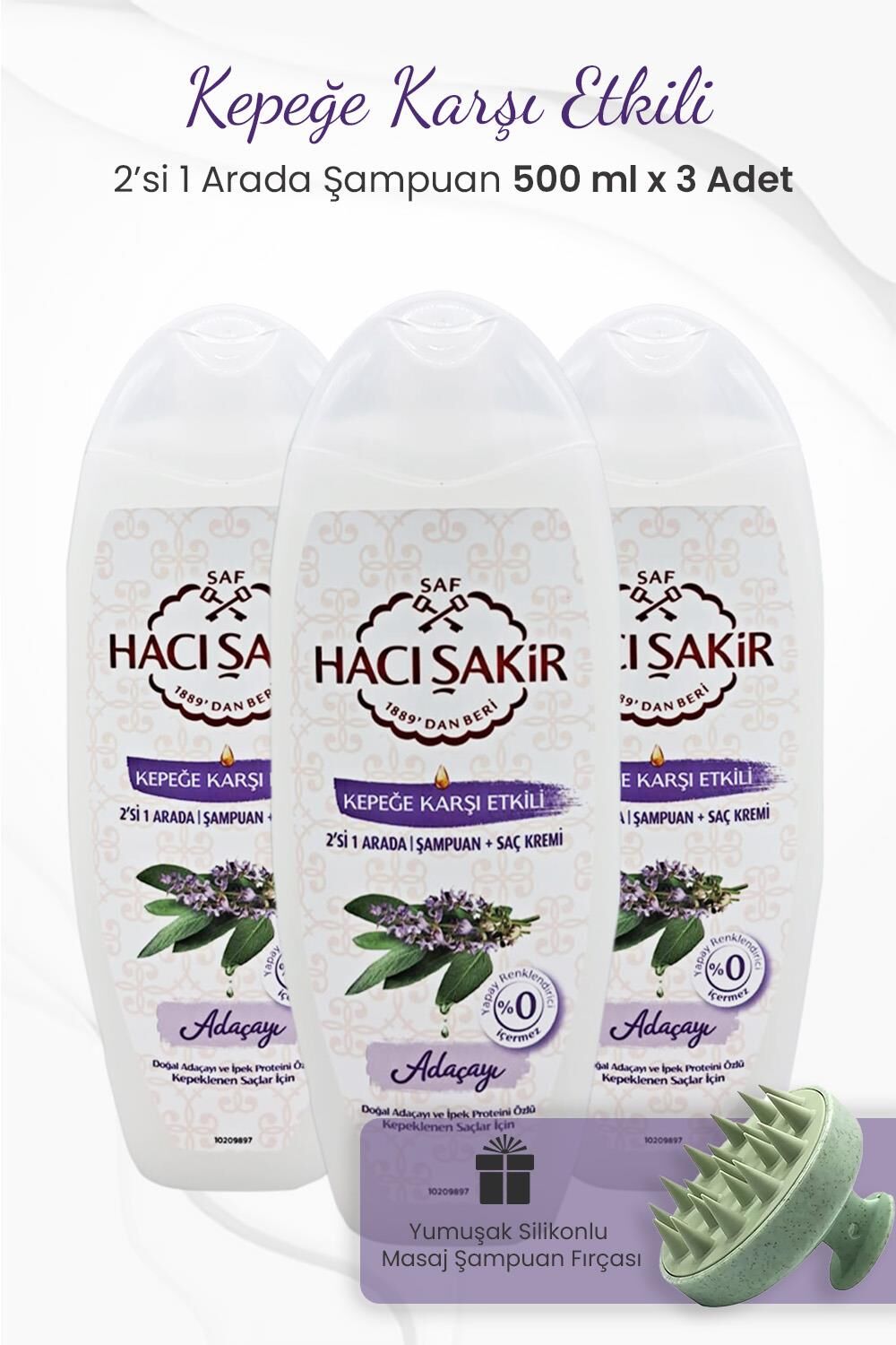 Hacı Şakir Adaçayı 2si 1 Arada Şampuan 500 ml x 3 Adet ve Şampuan Fırçası Yeşil