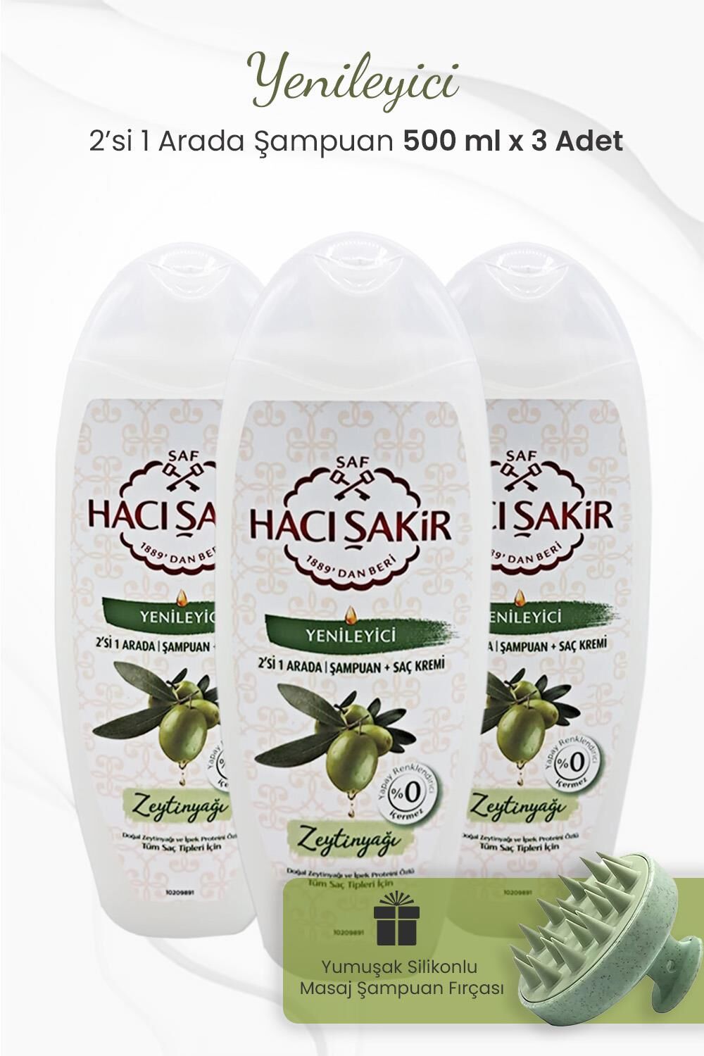 Hacı Şakir Zeytinyağlı 2si 1 Arada Şampuan 500 ml x 3 Adet ve Şampuan Fırçası Yeşil