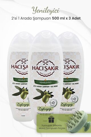 Hacı Şakir Zeytinyağlı 2si 1 Arada Şampuan 500 ml x 3 Adet ve Şampuan Fırçası Yeşil
