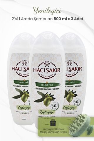 Hacı Şakir Zeytinyağlı 2si 1 Arada Şampuan 500 ml x 3 Adet ve Şampuan Fırçası Yeşil