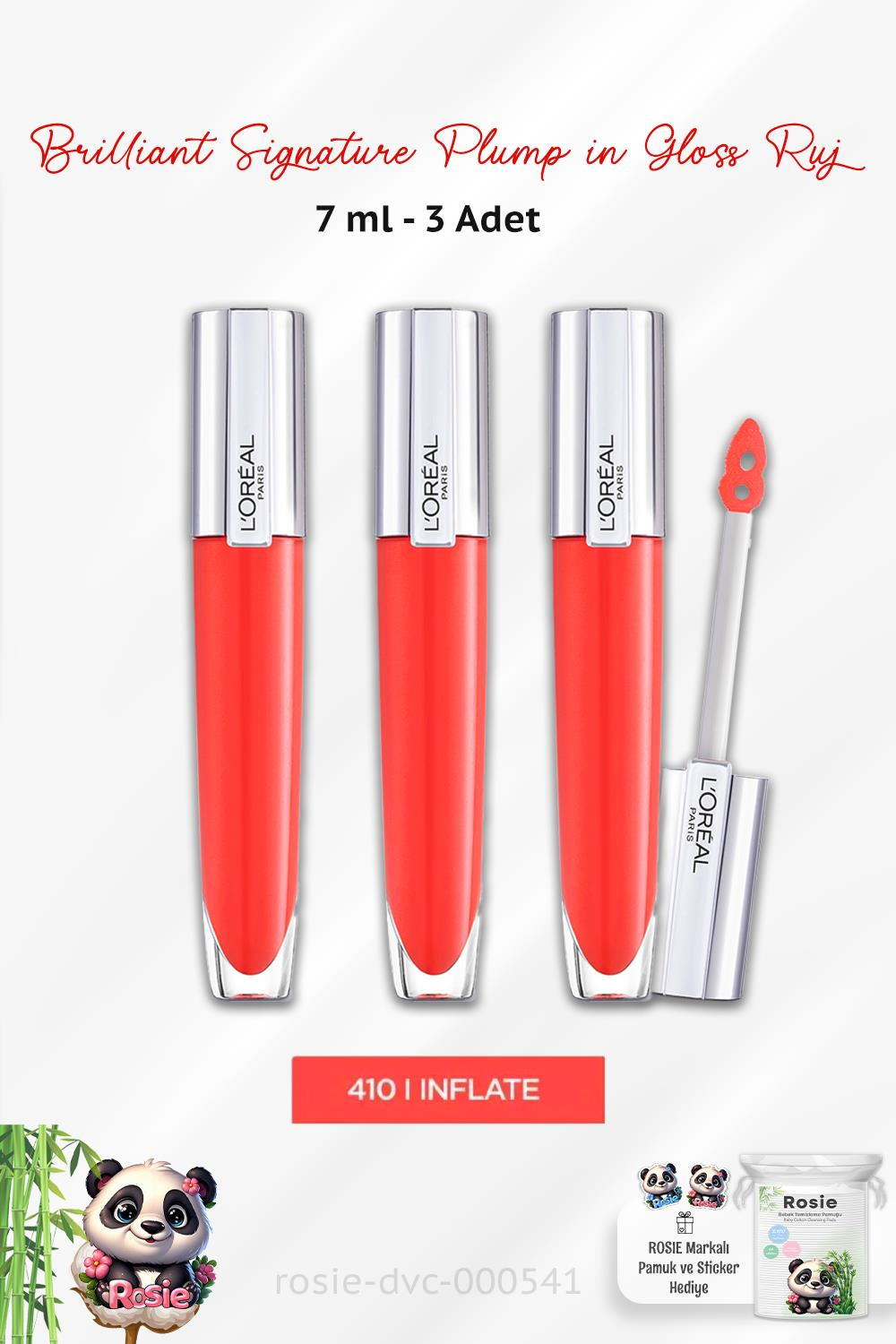 Loreal Paris 3 Adet Brilliant Signature Plump in Gloss Ruj 410 Inflate ve ROSIE
