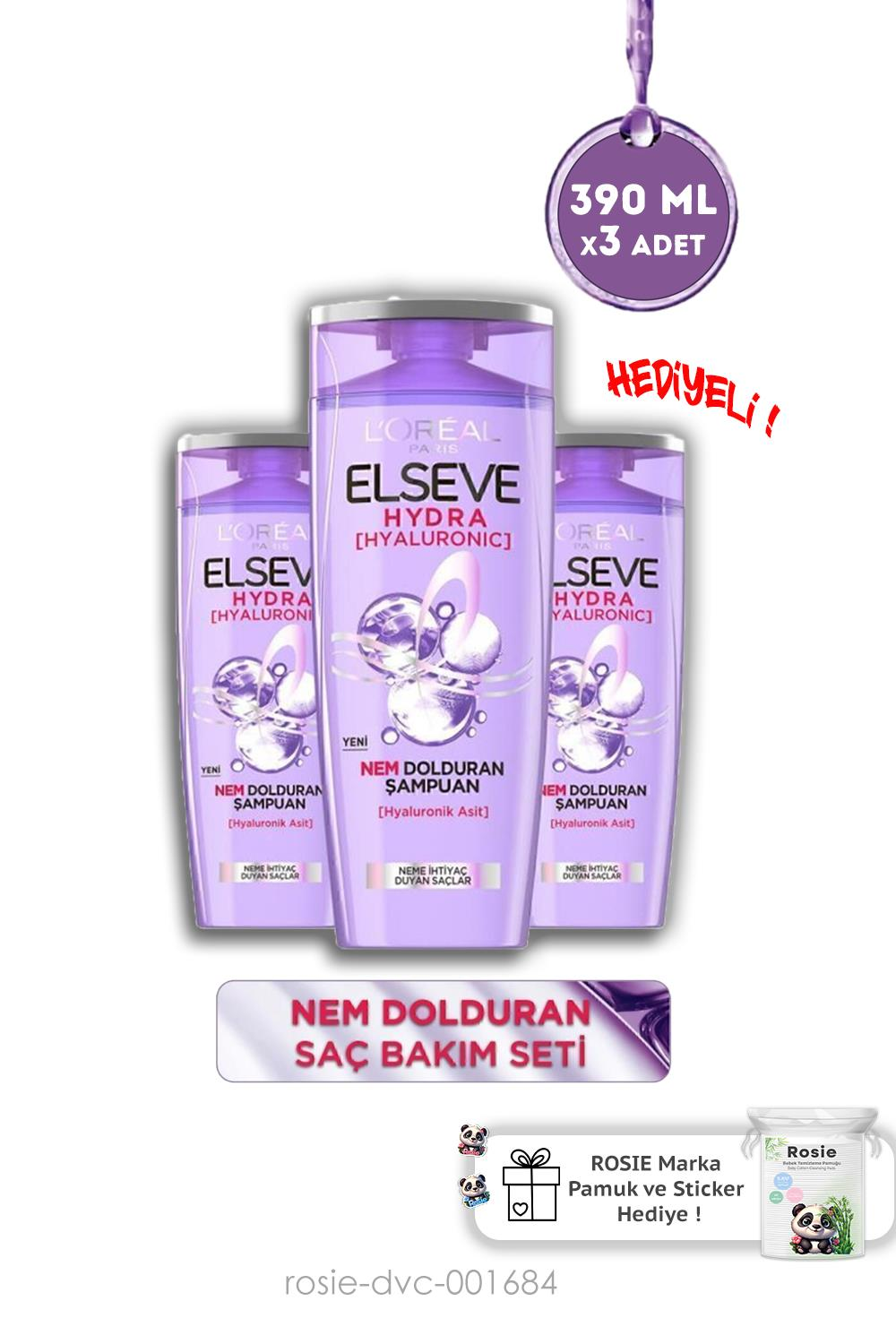 Elseve Hydra [hyaluronic] Nemi Hapseden Saç Bakım Şampuanı 390 Ml 3'lü Set ve ROSIE