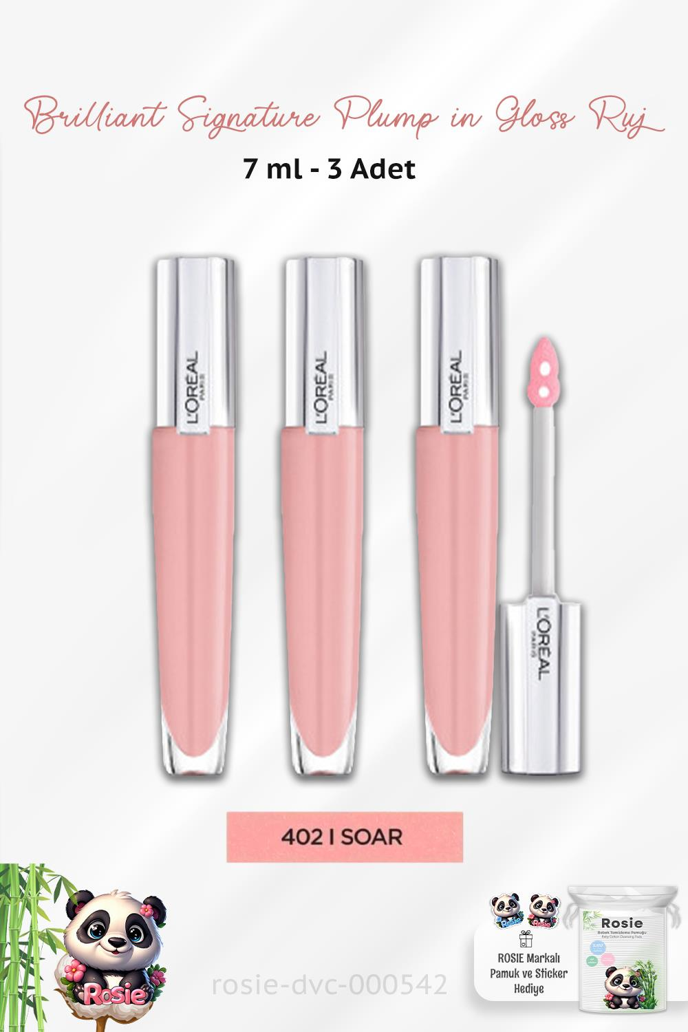 3 Adet Loreal Paris Brilliant Signature Plump in Gloss Ruj 402 Soar ve ROSIE