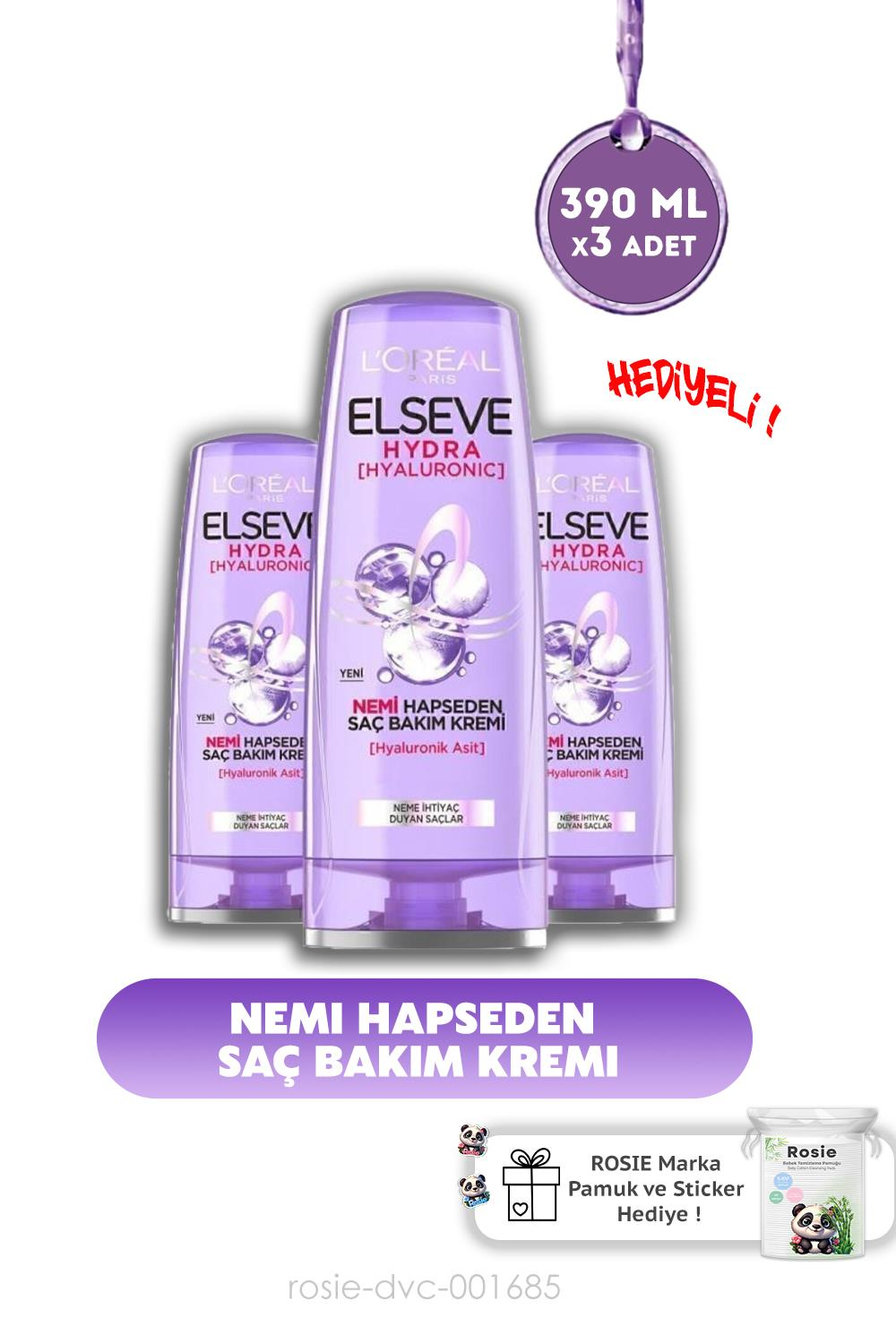 Elseve Hydra [hyaluronic] Nemi Hapseden Saç Bakım Kremi 390 Ml 3'lü Set ve ROSIE