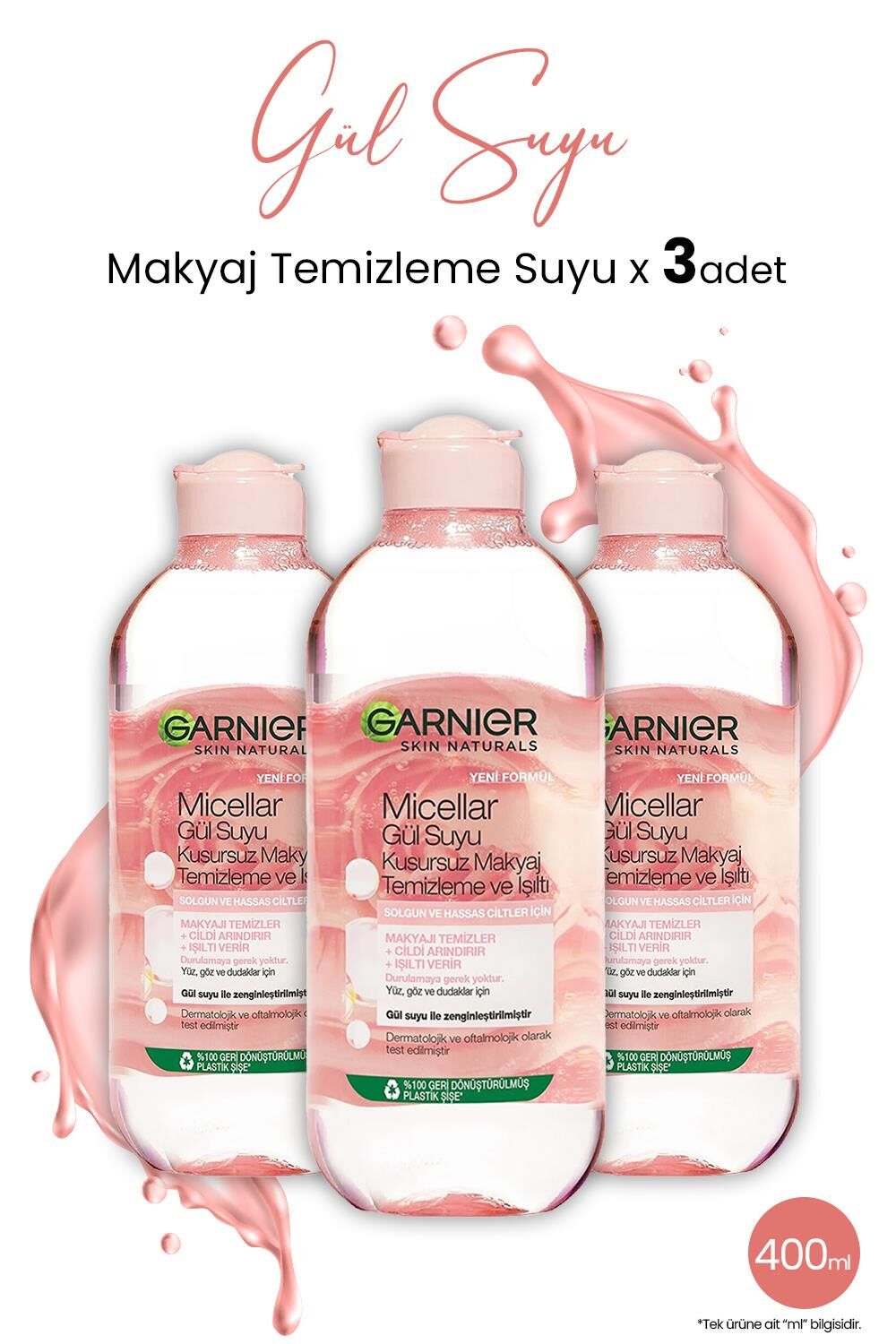 Garnier Micellar Gül Suyu Kusursuz Makyaj Temizleme 400 ml x 3 Adet