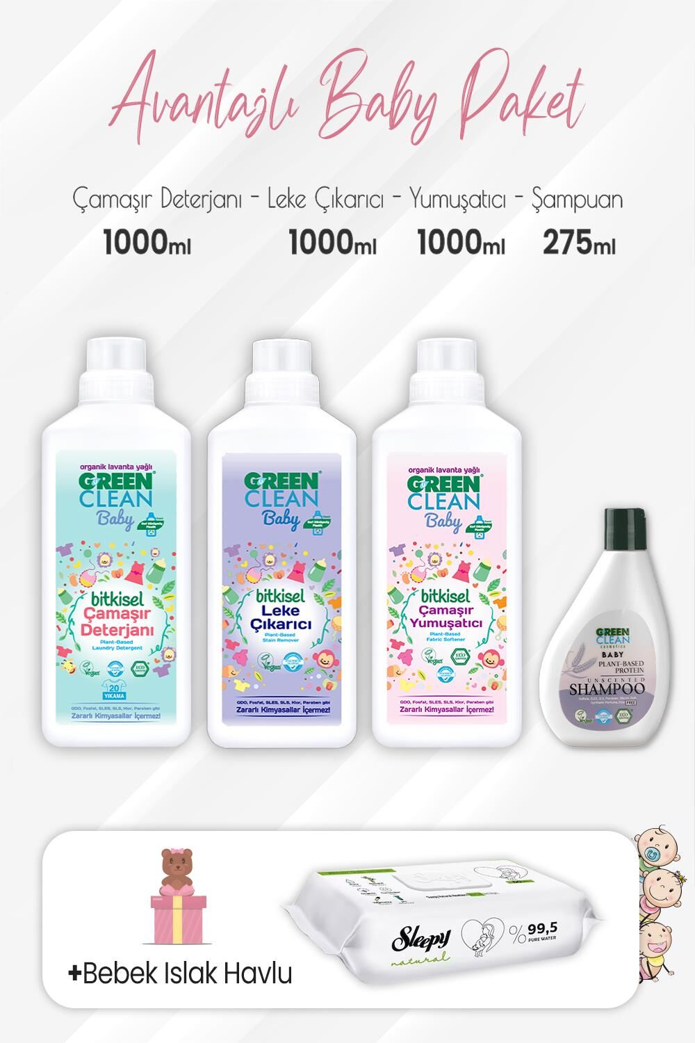 Green Clean Baby Şampuan 275 ml, Deterjan, Yumuşatıcı, Leke Çıkarıcı 1 lt ve Natural Yenidoğan 60'lı