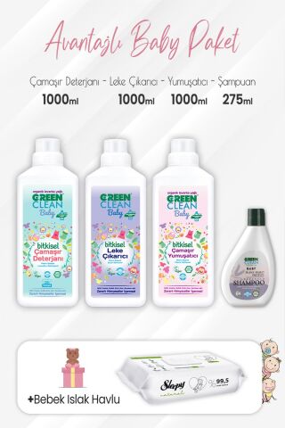 Green Clean Baby Şampuan 275 ml, Deterjan, Yumuşatıcı, Leke Çıkarıcı 1 lt ve Natural Yenidoğan 60'lı