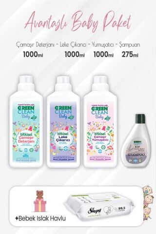 Green Clean Baby Şampuan 275 ml, Deterjan, Yumuşatıcı, Leke Çıkarıcı 1 lt ve Natural Yenidoğan 60'lı
