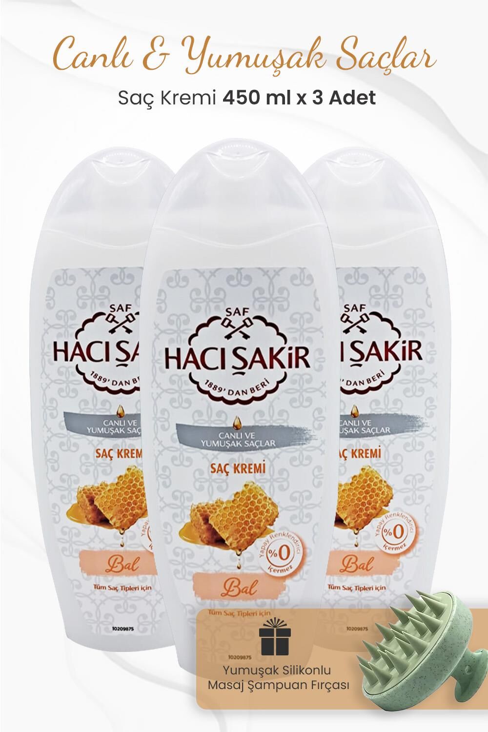 Hacı Şakir Bal Saç Kremi Canlı Ve Yumuşak Saçlar 450 ml x 3 Adet ve Şampuan Fırçası Yeşil