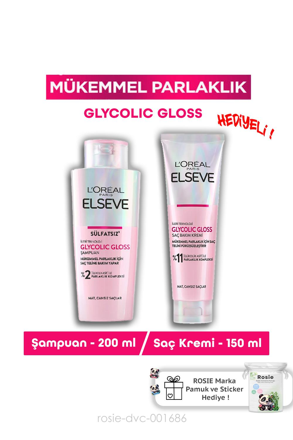 Elseve Glycolic Gloss Mükemmel Parlaklık Şampuan 200ml + Glycolic Gloss Pürüzsüzleştirici Saç Kremi 150ml ve ROSIE