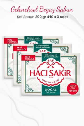 Hacı Şakir Doğal Saf Geleneksel Beyaz Sabun 4 x 200 gr x 3 Adet