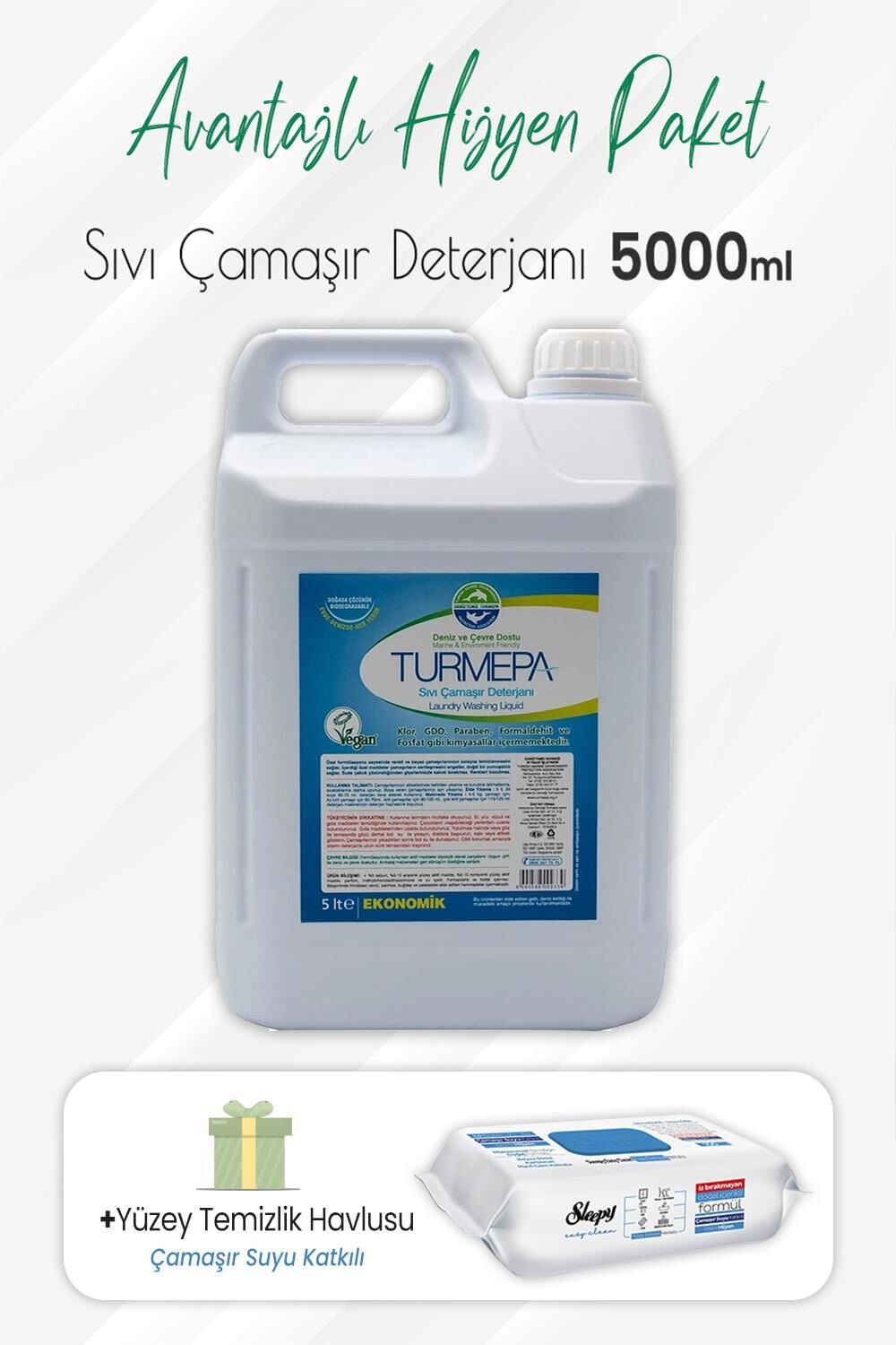 Turmepa Sıvı Çamaşır Deterjanı 5 lt ve Çamaşır Sulu Yüzey Temizlik 100' lü